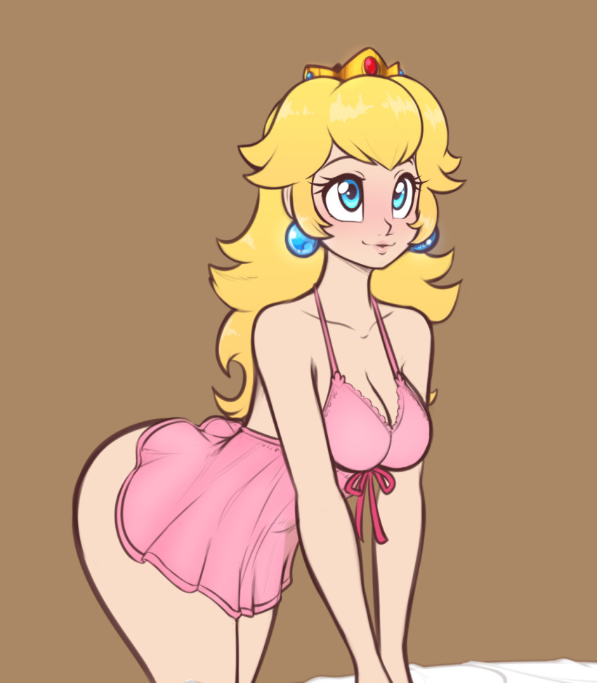 1girl babydoll blonde_hair blue_eyes blush breasts brown_background cleavage collarbone crown earrings jewelry leaning_forward long_hair mario_(series) medium_breasts nintendo pink_babydoll princess_peach scorpdk solo super_mario_bros.