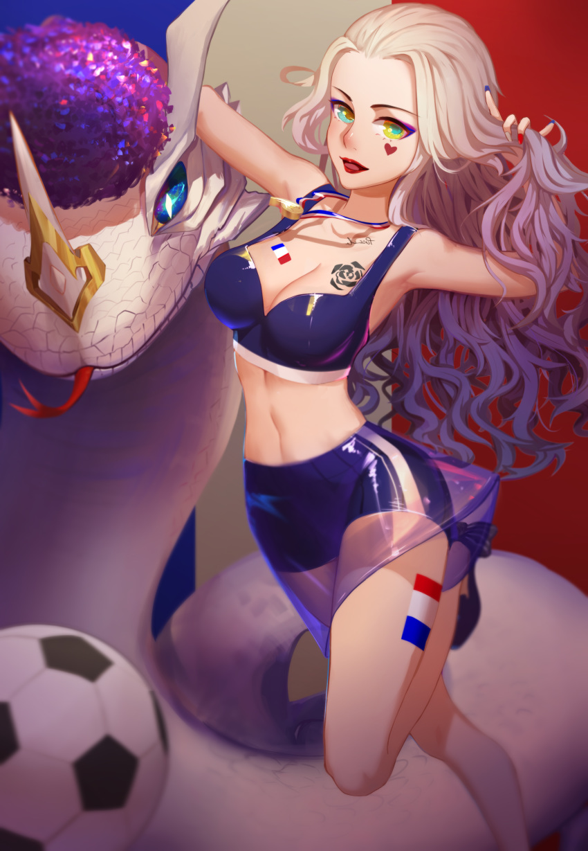 2018_fifa_world_cup absurdres armpits ball bare_arms bare_shoulders blonde_hair blue_eyes blue_footwear breasts chinese_commentary cleavage commentary_request curly_hair dragon flower_tattoo forked_tongue france french_flag heart highres leg_up long_hair medium_breasts midriff miniskirt multicolored multicolored_eyes multicolored_nails nail_polish navel one_side_up original skirt soccer soccer_ball solo standing standing_on_one_leg sumubing tattoo tongue whistle whistle_around_neck world_cup yellow_eyes