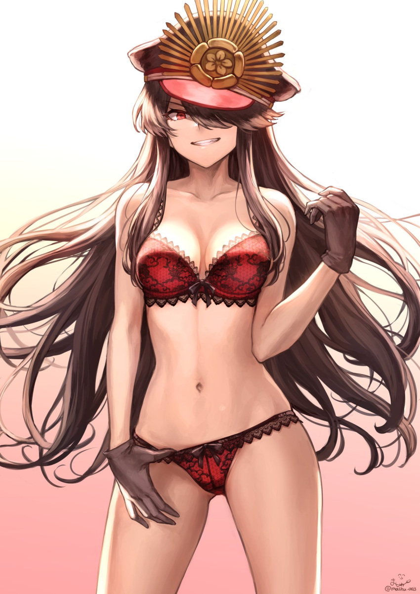 black_gloves black_hair blush bra breasts cleavage collarbone commentary cowboy_shot family_crest fate/grand_order fate_(series) gloves gradient gradient_background hair_between_eyes hair_over_one_eye hand_up hat head_tilt highres lingerie long_hair looking_at_viewer mashu_003 medium_breasts navel oda_nobunaga_(fate) panties panty_tug parted_lips peaked_cap red_bra red_eyes red_panties sidelocks signature simple_background smile solo stomach thighs underwear underwear_only very_long_hair