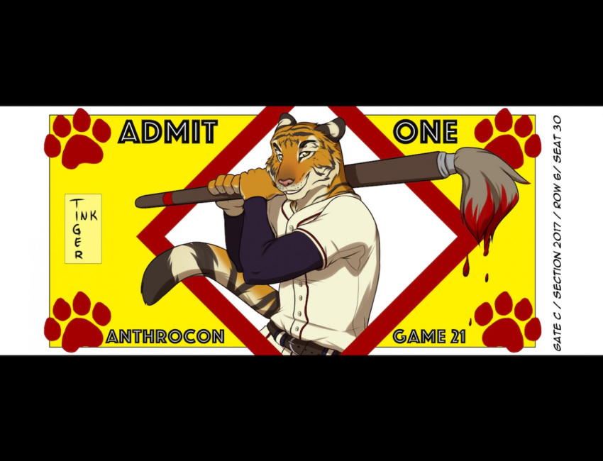 2017 anthrocon badge baseball_uniform clothing feline fur inktiger looking_at_viewer male mammal orange_fur paint paintbrush pink_nose smile ticket tiger uniform