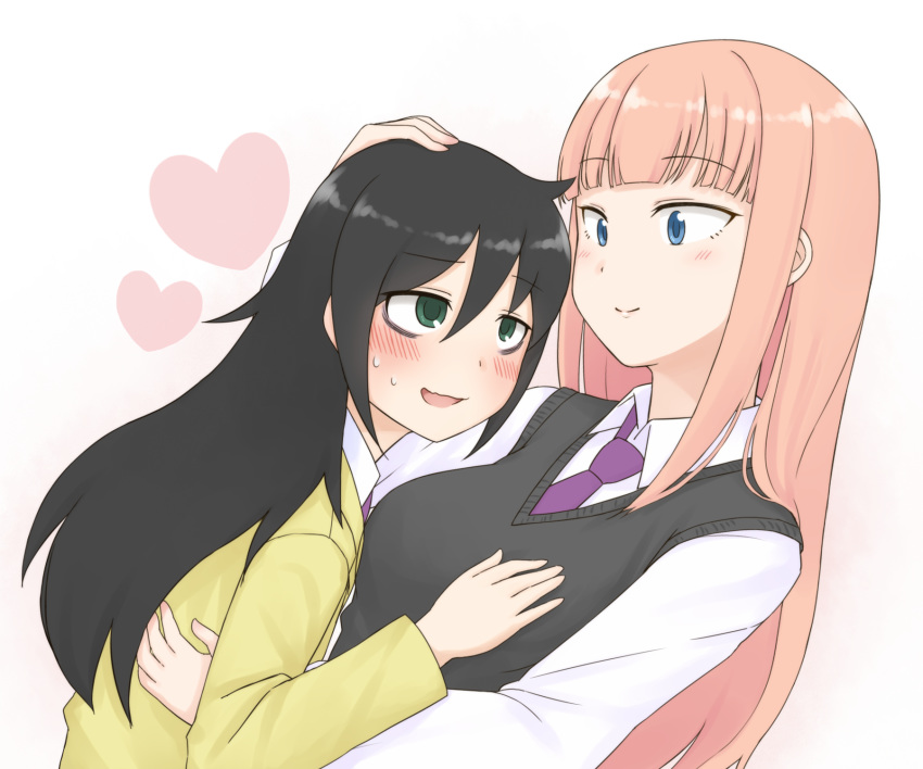 2girls black_hair blazer blush hand_in_hair highres hug jacket katou_asuka kuroki_tomoko long_hair mohya multiple_girls necktie sweat sweater_vest watashi_ga_motenai_no_wa_dou_kangaetemo_omaera_ga_warui! yuri