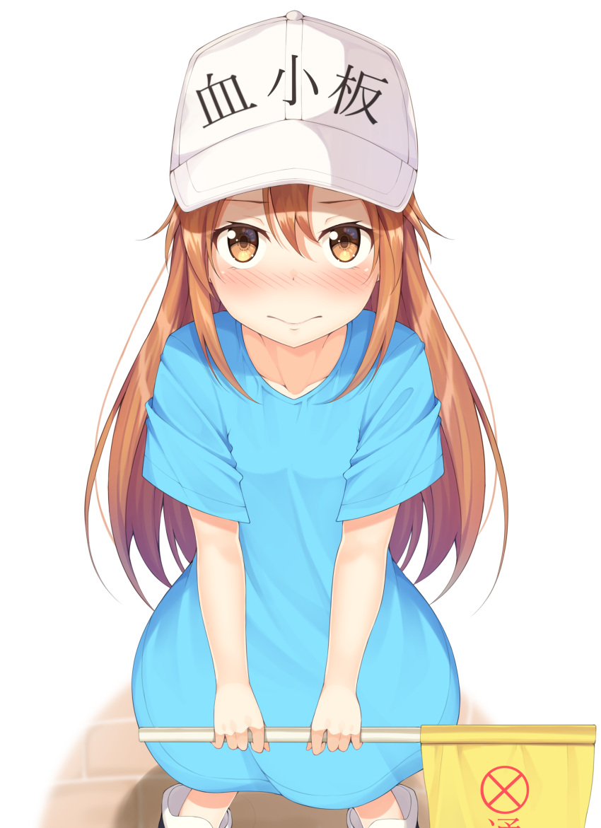 absurdres blue_shirt blush brown_eyes brown_hair closed_mouth collarbone flag flat_cap half-closed_eyes hat hataraku_saibou highres long_hair looking_at_viewer mottsun_(i_40y) oversized_clothes oversized_shirt platelet_(hataraku_saibou) shirt short_sleeves solo