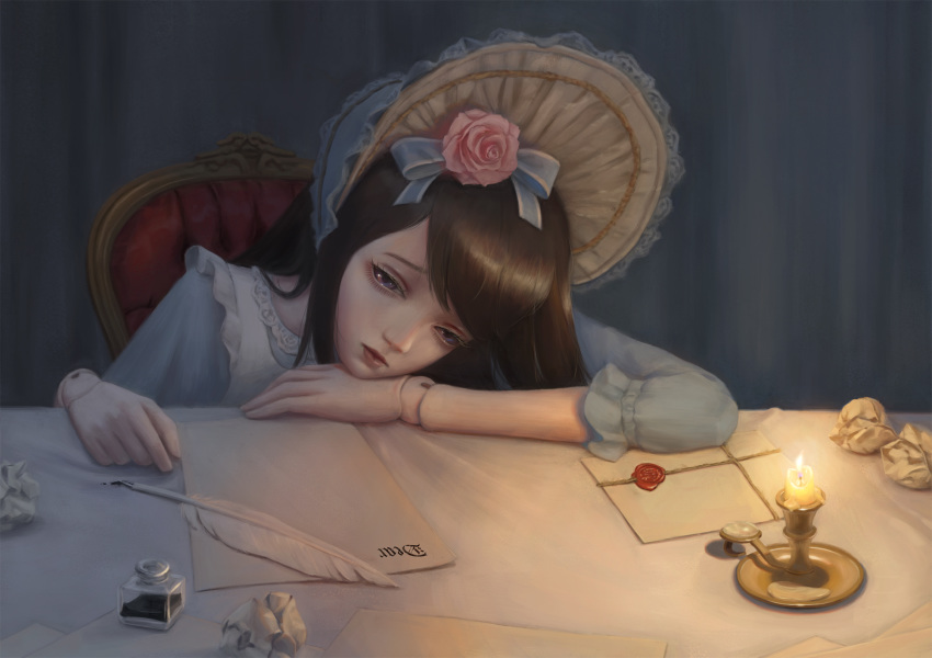 bibido black_hair blue_eyes bonnet candle crumpled_paper doll_joints flower hair_flower hair_ornament hair_ribbon highres indoors ink letter long_hair looking_at_viewer original quill ribbon sitting table wax_seal