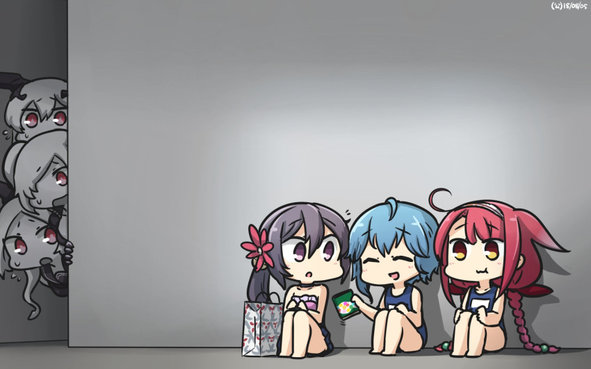 ^_^ ^o^ ahoge akebono_(kantai_collection) anchorage_oni armored_aircraft_carrier_hime asymmetrical_hair bell blue_hair blue_skirt blue_swimsuit braid candy closed_eyes commentary dated flower food hair_bell hair_between_eyes hair_flaps hair_flower hair_ornament hair_over_one_eye hairband hamu_koutarou highres holding jingle_bell kantai_collection kawakaze_(kantai_collection) kunihiko_moriguchi long_hair minazuki_(kantai_collection) mitsukoshi_(department_store) multiple_girls one-piece_swimsuit open_mouth pink_flower pleated_skirt purple_eyes purple_hair red_eyes red_hair remodel_(kantai_collection) sakuma_drops school_swimsuit shinkaisei-kan short_hair side_ponytail skirt smile southern_ocean_oni swimsuit twin_braids white_hair white_hairband yellow_eyes