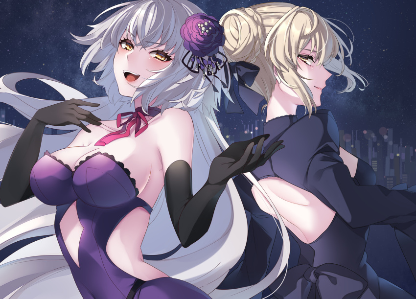 artoria_pendragon_(all) back-to-back back_cutout bare_shoulders black_dress black_gloves black_ribbon blonde_hair blush breasts city cityscape cleavage commentary_request dress elbow_gloves eyebrows_visible_through_hair fate/grand_order fate_(series) flower gloves hair_between_eyes hair_bun hair_flower hair_ornament highres jeanne_d'arc_(alter)_(fate) jeanne_d'arc_(fate)_(all) large_breasts long_hair looking_to_the_side multiple_girls navel_cutout neko-san_(dim.dream) night night_sky open_mouth outdoors purple_dress red_ribbon ribbon saber_alter sideboob sidelocks silver_hair sky smile star very_long_hair yellow_eyes