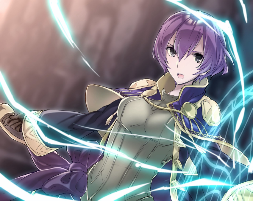 aiueo1234853 bow brown_gloves commentary_request fire_emblem fire_emblem:_kakusei fire_emblem:_shin_monshou_no_nazo gloves grey_eyes highres katarina_(fire_emblem) long_sleeves magic_circle open_mouth purple_bow purple_hair robe short_hair solo upper_body wide_sleeves