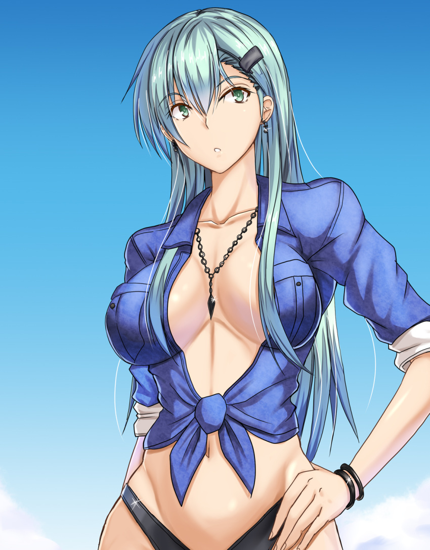 :o alternate_costume aqua_eyes aqua_hair arm_behind_back bangle bikini blue_shirt blue_sky blush bracelet breast_pocket breasts cloud day earrings eyebrows_visible_through_hair fingernails front-tie_top hair_between_eyes hair_ornament hairclip hand_on_hip highleg highleg_bikini highres hips jewelry kantai_collection long_fingernails long_hair looking_at_viewer luna_(gunfire) medium_breasts navel necklace no_bra open_clothes open_shirt outdoors parted_lips pendant pocket shirt skindentation sky sleeves_rolled_up solo sparkle suzuya_(kantai_collection) swimsuit tied_shirt