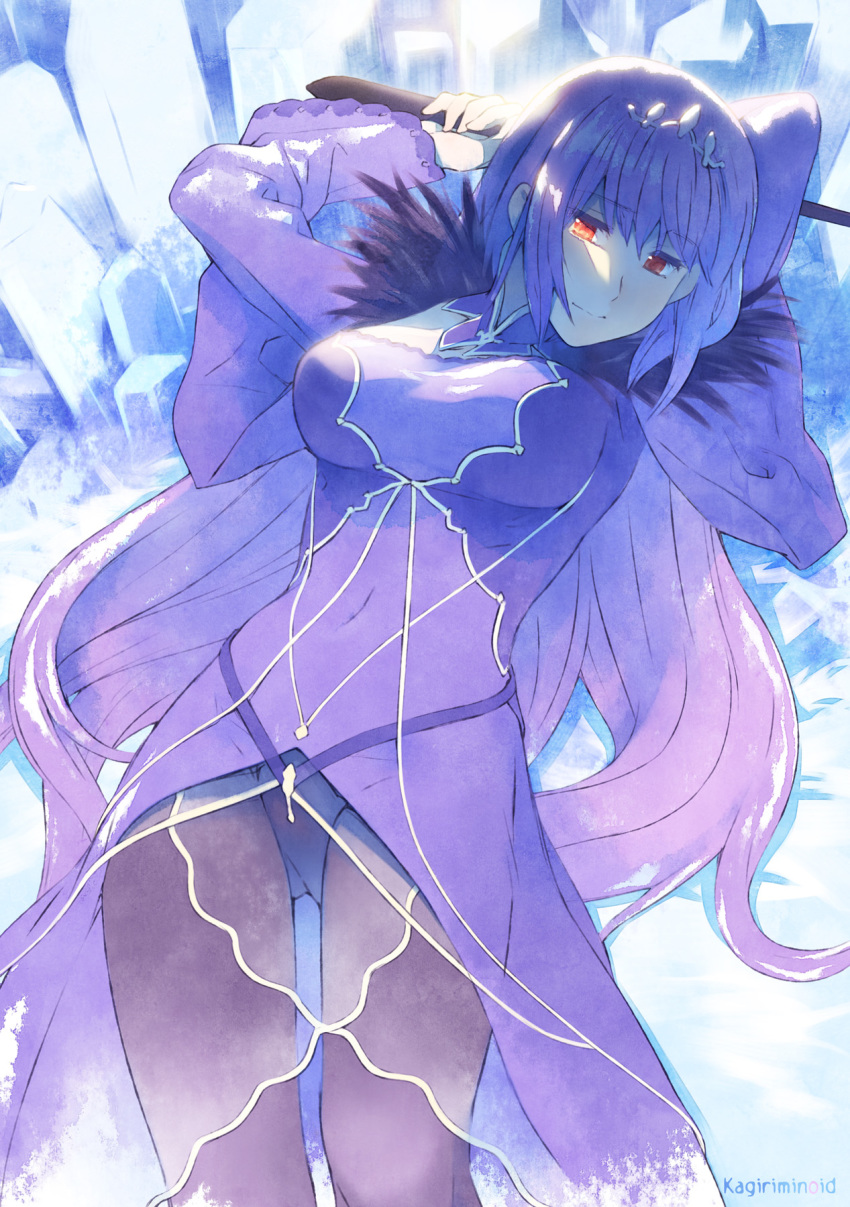 bangs breasts covered_navel dress eyebrows_visible_through_hair fate/grand_order fate_(series) hair_between_eyes highres ice jewelry light_smile long_hair looking_at_viewer panties panties_under_pantyhose pantyhose purple_dress purple_hair red_eyes scathach_(fate)_(all) scathach_skadi_(fate/grand_order) solo takano_kou tiara underwear wand