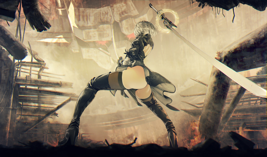 ass back_cutout black_panties boots energy facing_away feather_trim fire floating floating_weapon foreshortening from_behind from_below full_body gloves high_heels highres katana kawanakajima nier_(series) nier_automata panties short_hair shoulder_blades silver_hair skirt solo stance sword thigh_boots thighhighs underwear weapon wind yorha_no._2_type_b