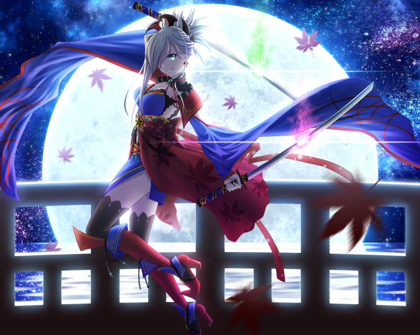 asymmetrical_hair autumn_leaves backlighting black_legwear blue_eyes blue_kimono detached_sleeves dual_wielding earrings fate/grand_order fate_(series) full_body geduan hair_ornament hair_over_one_eye highres holding holding_sword holding_weapon japanese_clothes jewelry katana kimono leaf_print looking_at_viewer magatama maple_leaf_print miyamoto_musashi_(fate/grand_order) night obi outdoors pink_hair ponytail sandals sash sheath sheathed short_kimono sleeveless sleeveless_kimono solo sword thighhighs unsheathed weapon wide_sleeves