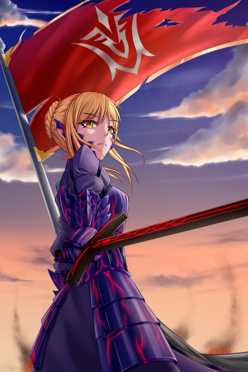 armor armored_dress artoria_pendragon_(all) banner blonde_hair blue_sky braid braided_bun cloud dark_excalibur day dress fate/stay_night fate_(series) floating_hair from_below geduan highres holding holding_sword holding_weapon long_dress looking_at_viewer outdoors purple_dress saber_alter sidelocks sky slit_pupils solo standing sword tied_hair weapon yellow_eyes