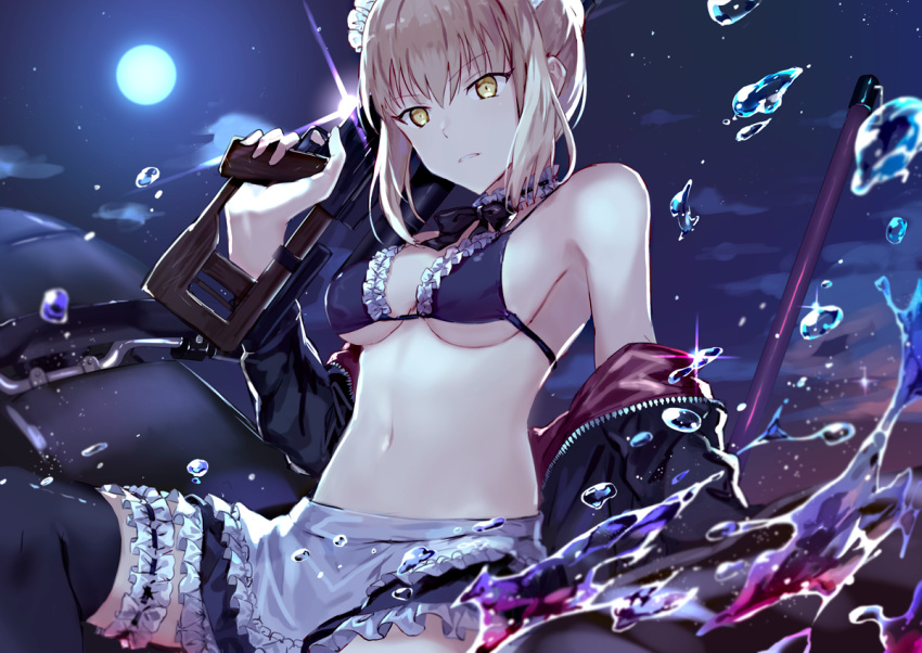 apron artoria_pendragon_(all) artoria_pendragon_(swimsuit_rider_alter) bangs black_bikini_top black_jacket black_legwear black_neckwear black_skirt blonde_hair bow bowtie breasts commentary_request eyebrows_visible_through_hair fate/grand_order fate_(series) frilled_apron frilled_bikini_top frilled_skirt frills full_moon ground_vehicle gun holding holding_gun holding_weapon jacket leg_garter long_sleeves looking_down maid_headdress md5_mismatch medium_breasts mob mocha_(mokaapolka) moon moonlight motor_vehicle motorcycle navel neck_garter night night_sky open_clothes open_jacket pale_skin parted_lips short_hair sitting skirt sky solo sparkle swimsuit thighhighs underboob unzipped waist_apron water weapon yellow_eyes