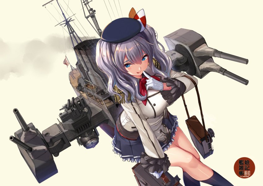 :p akasaai anchor bag bangs beret black_hat black_legwear black_skirt blue_eyes blush breasts closed_mouth commentary_request dutch_angle eyebrows_visible_through_hair feet_out_of_frame finger_to_mouth frilled_skirt frilled_sleeves frills gloves grey_hair hat holding holding_bag kantai_collection kashima_(kantai_collection) kneehighs large_breasts leaning_forward long_hair long_sleeves looking_at_viewer military military_uniform miniskirt neck_ribbon pink_background red_neckwear red_ribbon ribbon rigging rising_sun shiny shiny_hair simple_background skirt smile smoke solo sunburst tongue tongue_out turret twintails uniform white_gloves