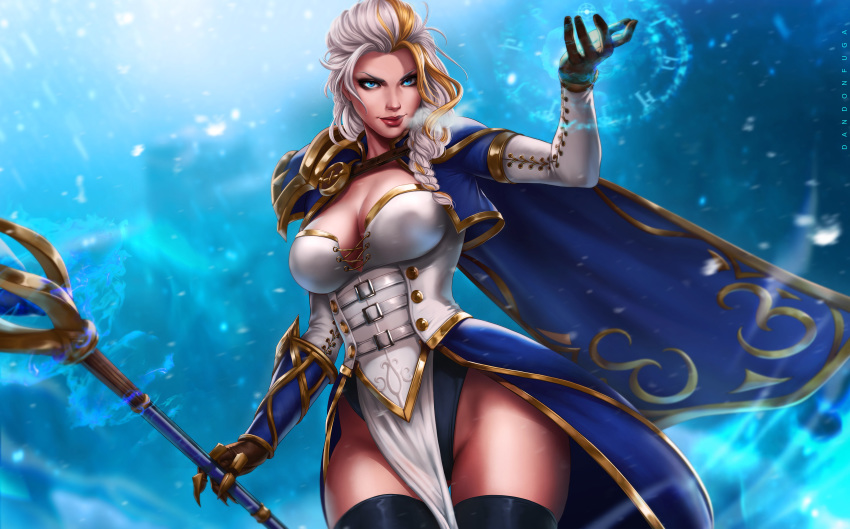 absurdres arm_up armor artist_name black_legwear blonde_hair blue_background blue_eyes braid breasts breath cape cleavage closed_mouth cowboy_shot dandon_fuga elbow_gloves eyeshadow frost gauntlets gloves hair_over_shoulder highleg highleg_leotard highres holding holding_staff jaina_proudmoore large_breasts leotard lips lipstick long_hair looking_at_viewer magic makeup multicolored_hair paid_reward patreon_reward pauldrons pelvic_curtain red_lipstick shoulder_armor silver_hair single_braid single_gauntlet single_pauldron solo staff standing thighhighs two-tone_hair warcraft world_of_warcraft