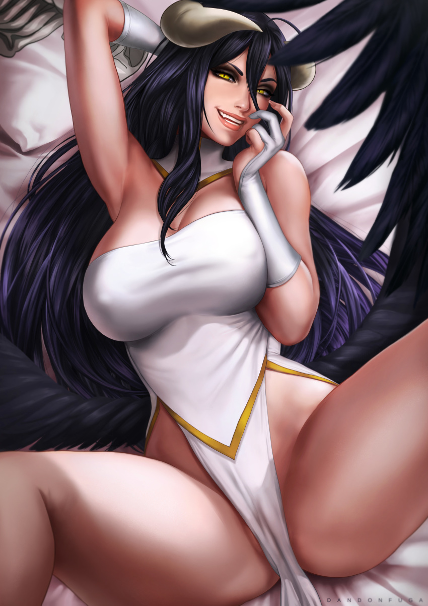 1girl absurdres albedo arm_up armpits artist_name bare_legs bare_shoulders bed blue_hair breasts cameltoe cleavage convenient_censoring dandon_fuga demon_horns detached_collar dress erect_nipples feathered_wings fingerless_gloves from_above gloves groin hair_between_eyes highres horns large_breasts legs lips long_hair looking_at_viewer low_wings lying no_panties on_bed open_mouth overlord_(maruyama) pelvic_curtain pillow slit_pupils smile solo spread_legs strapless teeth thighs white_dress white_gloves wings yellow_eyes