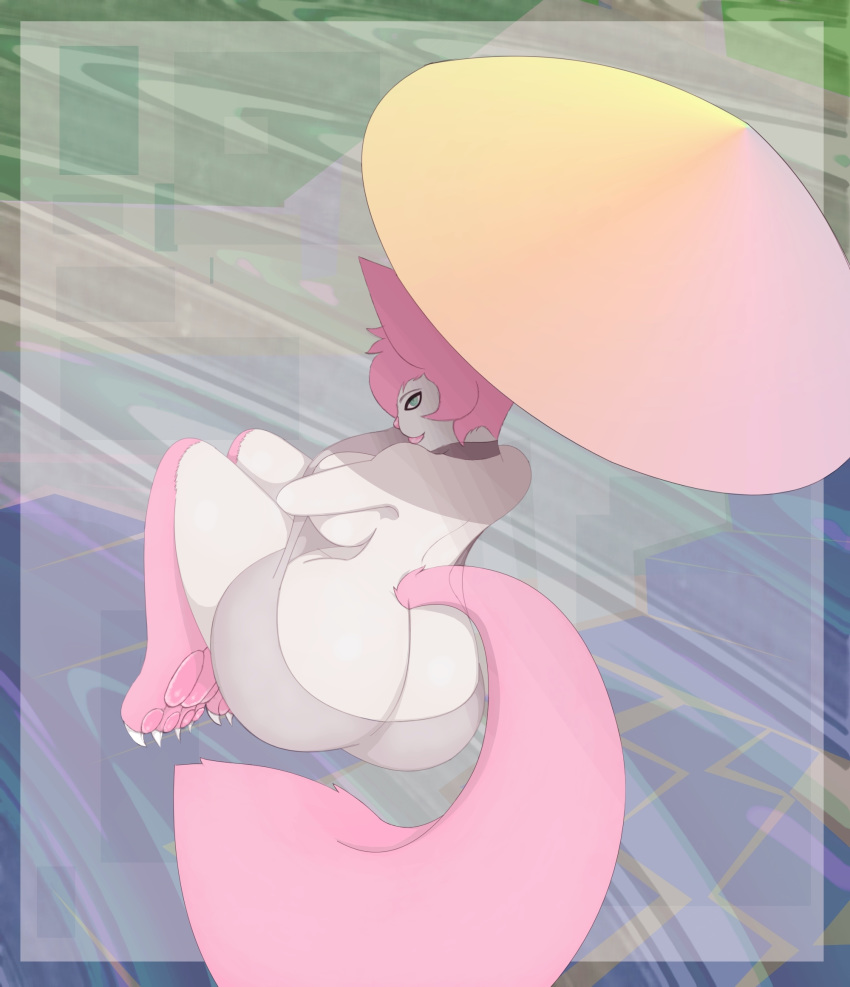 anthro big_breasts big_butt big_lips breasts butt chimera clothed clothing colorful curvaceous female green_eyes hair hybrid invalid_tag lips looking_back_at_viewer naomi pawpads pink_hair pink_lips pink_tail side_boob solo titankerberos umbrella virgin_killer_dress voluptuous