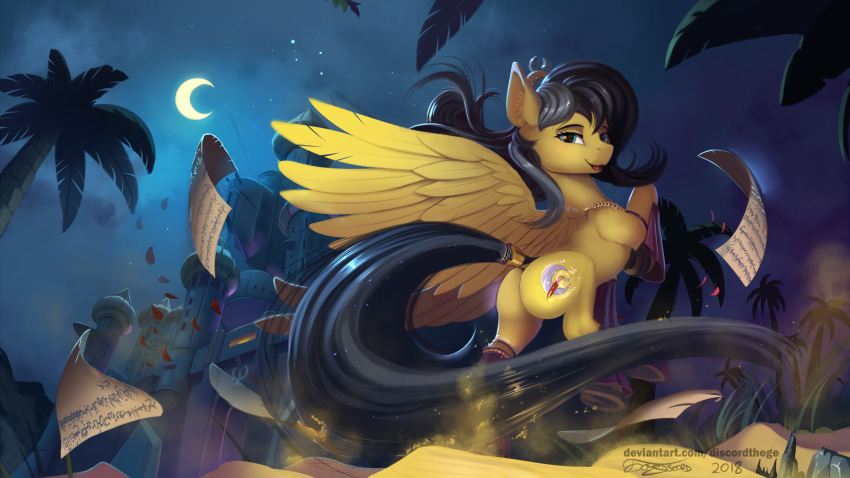 2018 black_hair blue_eyes butt_pose cutie_mark digital_media_(artwork) discordthege equine eyelashes fan_character feathered_wings feathers female feral fur hair mammal my_little_pony night outside pegasus sky smile solo star starry_sky wings yellow_feathers yellow_fur