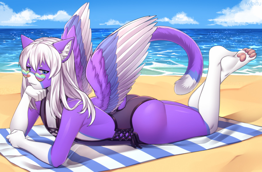 anthro beach clothed clothing crossdressing eyewear feathered_wings feathers feline fully_clothed girly glasses hybrid iwbitu lying male mammal nicoya on_front seaside solo swimsuit thick_thighs wings