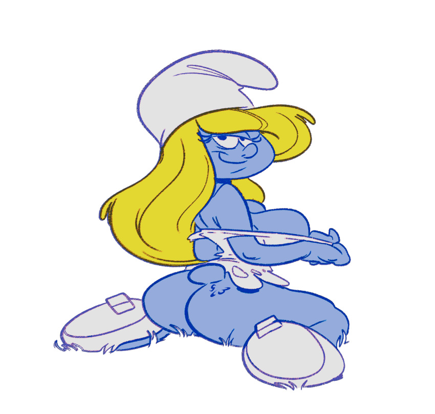 2018 big_breasts blonde_hair blue_skin bottomless breasts butt cartoon_network clothed clothing digital_media_(artwork) female footwear hair half-closed_eyes hanna-barbera hat hi_res high_heels humanoid kneeling long_hair looking_at_viewer looking_back not_furry partially_clothed shoes side_boob simple_background slb smile smurf smurfette solo the_smurfs undressing white_background