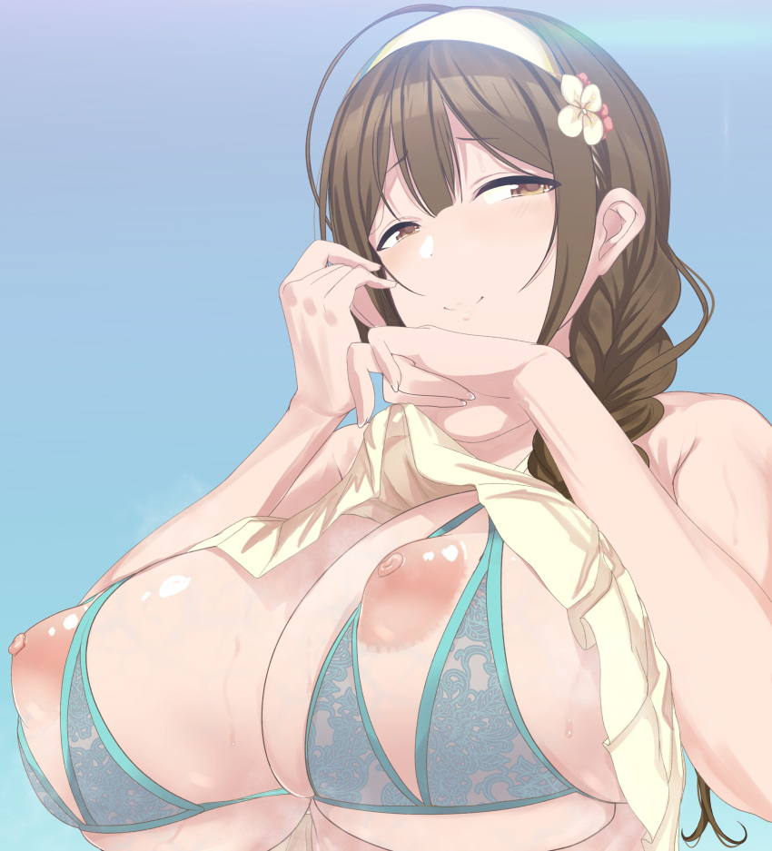 absurdres areolae braid breasts brown_eyes brown_hair commentary deep_skin flower hair_flower hair_ornament hair_over_shoulder hairband highres huge_breasts idolmaster idolmaster_shiny_colors kuwayama_chiyuki lifted_by_self lingerie long_hair looking_at_viewer nippleless_clothes nipples q_(ed69) shirt_lift single_braid skindentation smile solo sweat underwear upper_body veiny_breasts