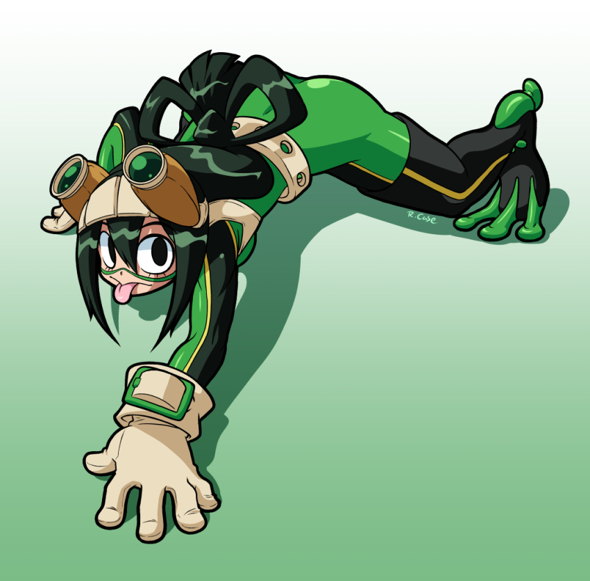 :&gt; all_fours asui_tsuyu black_eyes bodysuit boku_no_hero_academia frog_girl goggles goggles_on_head green_bodysuit hair_rings long_hair low-tied_long_hair robert_j_case solo tongue tongue_out