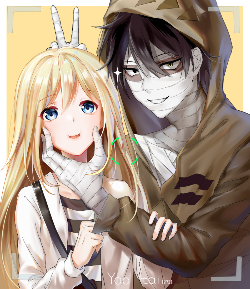 1girl absurdres animal_ears bandages black_hair blonde_hair blue_eyes brown_eyes brown_jacket bunny_ears bunny_ears_prank cheek_squash fake_animal_ears grin hair_between_eyes heterochromia highres hood hooded_jacket isaac_foster jacket long_hair looking_at_viewer open_clothes open_jacket open_mouth rachel_gardner satsuriku_no_tenshi shiny shiny_hair shirt smile sparkle striped striped_shirt upper_body v very_long_hair white_jacket youtai_(pixiv19763295)