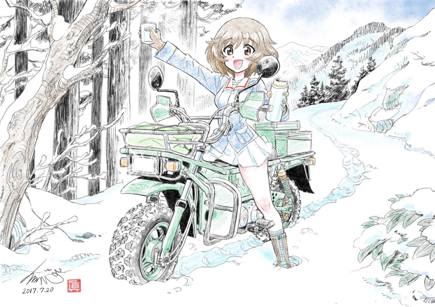 akiyama_yukari arm_up artist_name bangs black_footwear black_legwear blue_jacket blue_sky boots brown_eyes brown_gloves brown_hair cloud cloudy_sky colored_pencil_(medium) commentary cup dated day eyebrows_visible_through_hair girls_und_panzer gloves ground_vehicle highres holding honda honda_motra jacket kubota_shinji logo long_sleeves messy_hair military military_uniform miniskirt motor_vehicle motorcycle mountain on_motorcycle ooarai_military_uniform outdoors pleated_skirt riding shirt short_hair signature skirt sky snow socks solo standing steam traditional_media trail tree uniform watermark white_skirt winter zipper