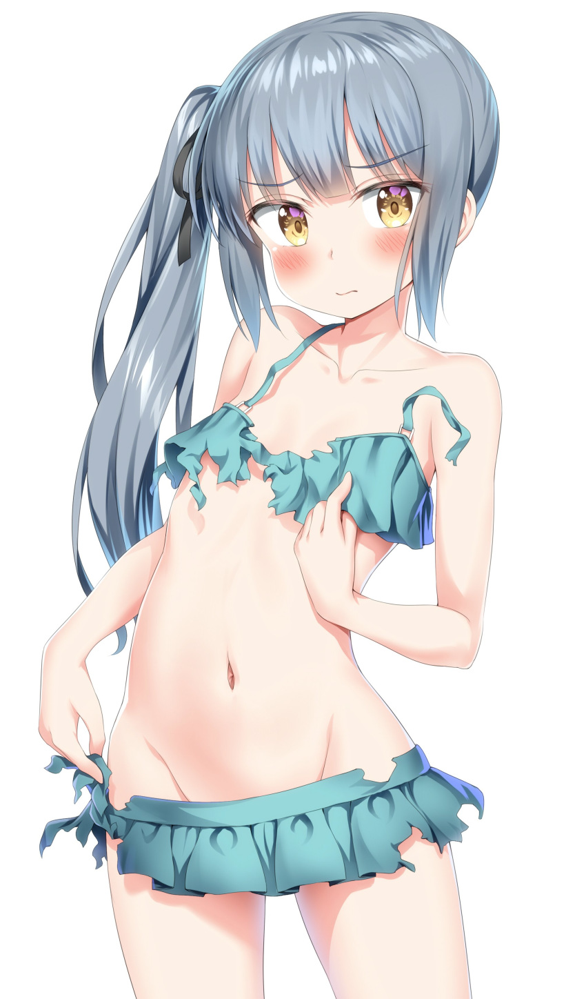 absurdres aqua_bikini bangs bikini bikini_skirt black_ribbon blunt_bangs blush closed_mouth collarbone commentary_request cowboy_shot embarrassed eyebrows_visible_through_hair flat_chest grey_hair groin hair_ribbon hand_on_own_chest highres kantai_collection kasumi_(kantai_collection) leaning_to_the_side long_hair looking_at_viewer lowleg navel nedia_(nedia_region) o-ring o-ring_bikini o-ring_top raised_eyebrows ribbon shiny shiny_hair side_ponytail sidelocks simple_background solo standing straight_hair strap_gap swimsuit torn_bikini torn_clothes white_background yellow_eyes