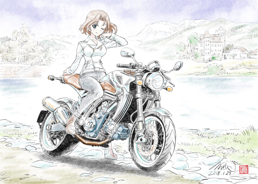 ankle_boots arm_support artist_name azumi_(girls_und_panzer) black_pants blue_eyes blue_sky boots brown_footwear brown_hair casual closed_mouth cloud cloudy_sky colored_pencil_(medium) dated day denim eyebrows_visible_through_hair girls_und_panzer ground_vehicle hair_intakes hand_in_hair highres jacket jeans kubota_shinji lake looking_at_viewer midual_type_1 motor_vehicle motorcycle mountain on_motorcycle one_eye_closed outdoors pants riding short_hair signature sitting sky smile solo traditional_media tree watermark white_jacket