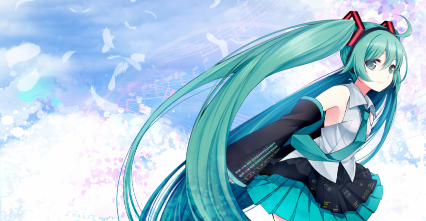 ahoge aqua_eyes aqua_hair aqua_neckwear aqua_skirt bare_shoulders black_skirt blue_sky breasts cloud commentary_request cowboy_shot day detached_sleeves earphones eyebrows_visible_through_hair feathers grey_vest hair_between_eyes hatsune_miku leaning_forward long_hair long_sleeves looking_at_viewer miniskirt musical_note necktie pleated_skirt skirt sky small_breasts smile solo staff_(music) standing twintails utakata_(kochou_no_yume) very_long_hair vest vocaloid wide_sleeves wing_collar