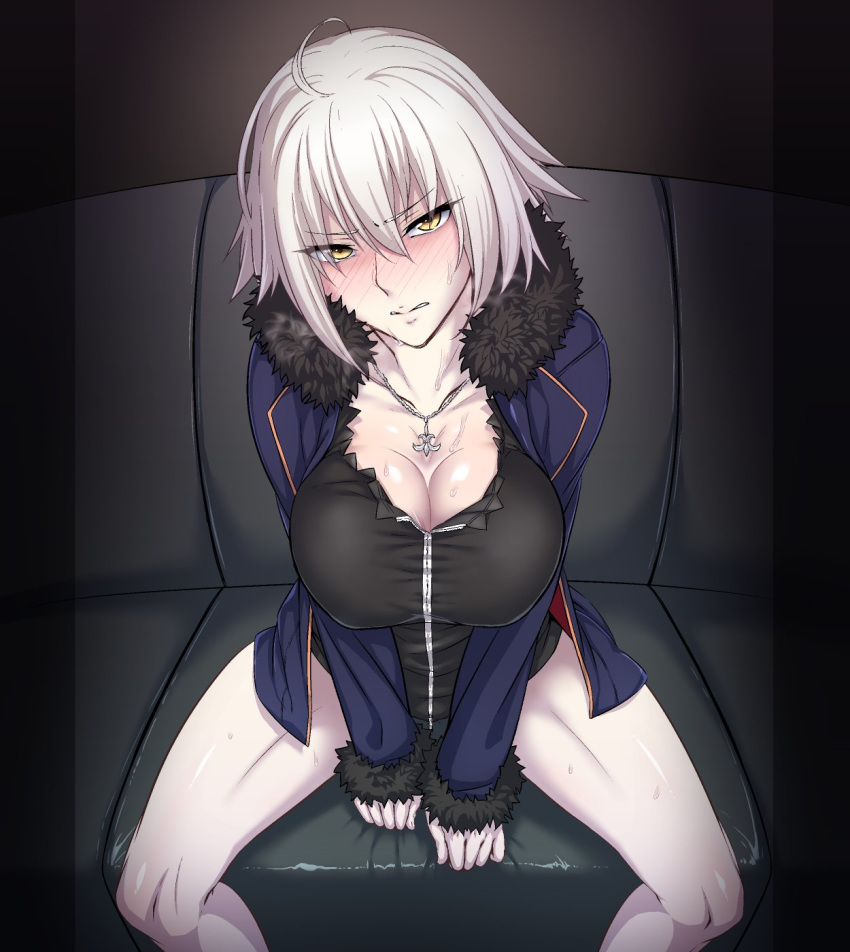 ahoge blush breasts breath casual commentary_request fate/grand_order fate_(series) fur_trim highres jeanne_d'arc_(alter)_(fate) jeanne_d'arc_(fate)_(all) jewelry large_breasts necklace sitting solo spread_legs sweat un white_hair wicked_dragon_witch_ver._shinjuku_1999 yellow_eyes