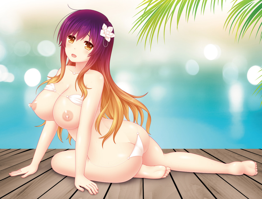 :d ass bare_shoulders barefoot bikini bikini_lift blonde_hair breasts brown_eyes butt_crack collarbone commentary_request cpu_(hexivision) feet full_body gradient_hair highres hijiri_byakuren jewelry lactation large_breasts long_hair looking_at_viewer micro_bikini multicolored_hair necklace nipples open_mouth pearl_necklace purple_hair sitting smile soles solo swimsuit touhou twisted_torso white_bikini yokozuwari