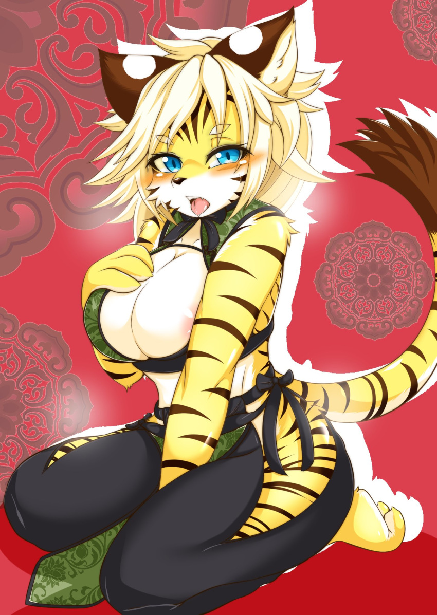 2018 anthro areola_slip blonde_hair blue_eyes blush breasts brown_stripes cheek_tuft chinese_clothing cleavage cleavage_cutout clothed clothing feline female fur hair hi_res inner_ear_fluff kneeling looking_at_viewer mammal megane_inu open_mouth ribbons solo striped_fur stripes tail_tuft tiger tongue tongue_out tuft zhang_fei_(fullbokko_heroes)