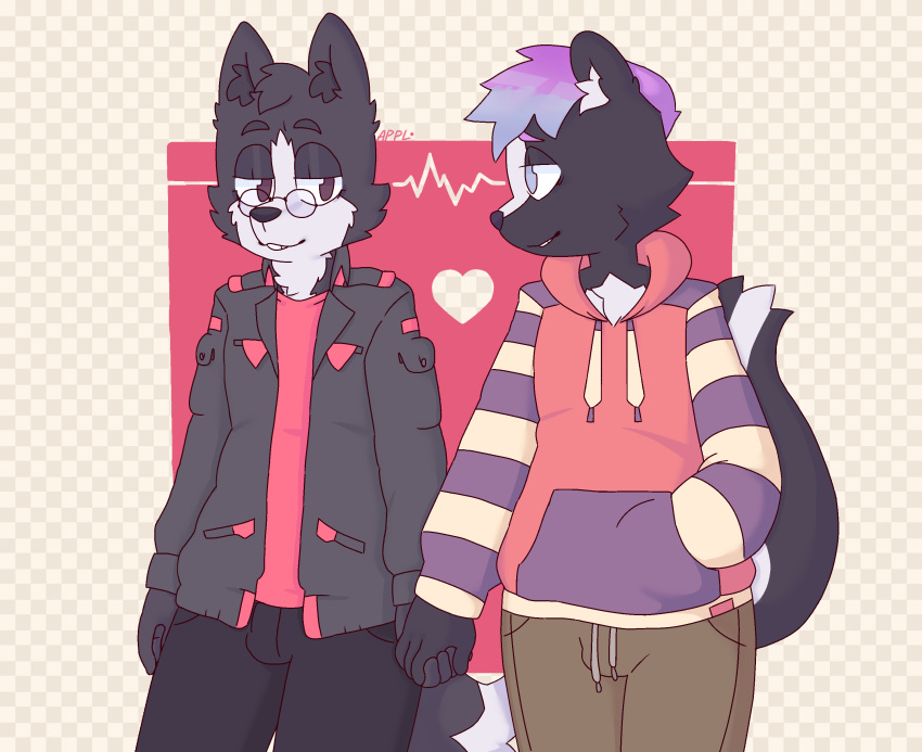 ambiguous_gender anthro appl border_collie canid canine canis clothed clothing collie domestic_dog duo eyewear foggy_(character) fully_clothed glasses lua mammal mephitid simple_background skunk