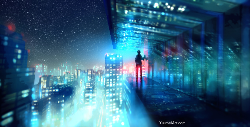 all_male building city fisheye_placebo frey_(fisheye_placebo) male night reflection scenic sky stars watermark wenqing_yan_(yuumei_art)