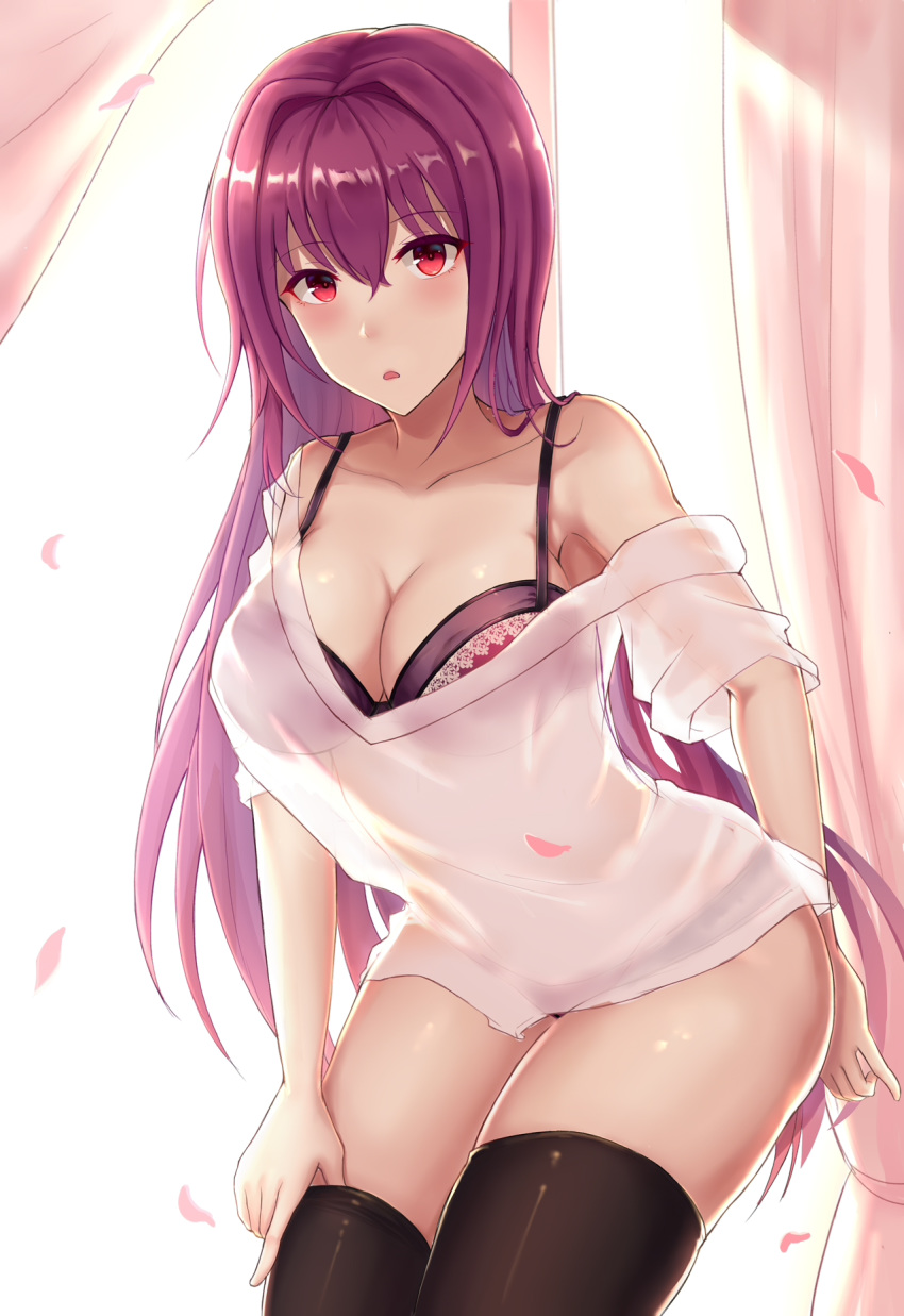 :o backlighting bare_shoulders blush bra breasts cherry_blossoms cleavage collarbone commentary_request curtains fate/grand_order fate_(series) hair_intakes highres large_breasts lingerie long_hair looking_at_viewer loose_clothes loose_shirt off_shoulder panties purple_hair red_eyes scathach_(fate)_(all) scathach_(fate/grand_order) see-through shirt solo thighhighs thighhighs_pull underwear window yinyu_(nico)