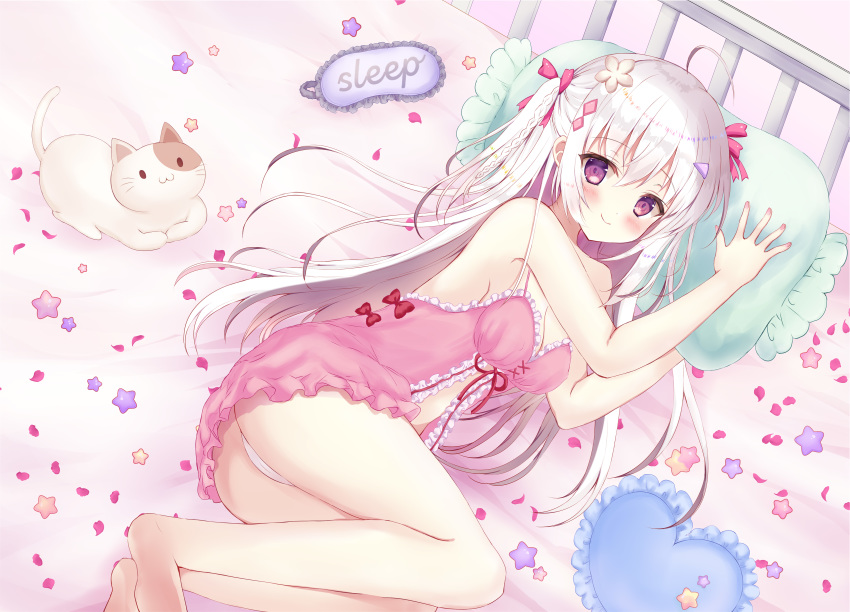 absurdres ahoge animal arms_up ass babydoll bangs bare_arms bare_legs bare_shoulders barefoot bed blush bow breasts cat cleavage closed_mouth commentary_request english eyebrows_visible_through_hair fingernails frilled_pillow frills hair_between_eyes hair_bow heart heart_pillow highres kiyui_(honey_citron) long_hair lying medium_breasts on_bed on_side original panties petals pillow pink_babydoll red_bow red_eyes red_ribbon ribbon sidelocks silver_hair sleep_mask smile soles solo star two_side_up underwear underwear_only very_long_hair white_panties