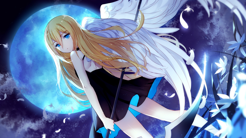 bangs bison_cangshu black_dress blonde_hair blue_eyes closed_mouth cloud commentary_request dress dutch_angle eyebrows_visible_through_hair feathered_wings feathers flower full_moon hair_between_eyes highres holding long_hair looking_at_viewer looking_back moon night night_sky outdoors rachel_gardner satsuriku_no_tenshi short_dress sky sleeveless sleeveless_dress solo standing very_long_hair white_feathers white_flower white_wings wings