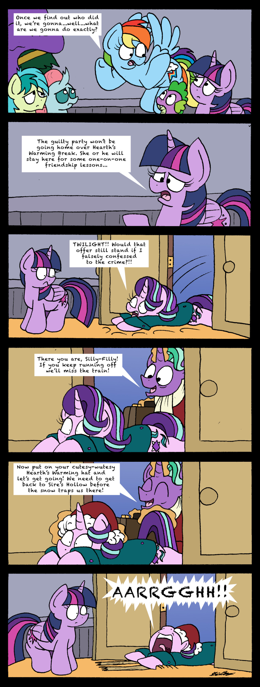 2018 black_border bobthedalek border changeling comic cutie_mark dialogue door dragon english_text equine female feral firelight_(mlp) friendship_is_magic group hair horn inside magic male mammal multicolored_hair my_little_pony ocellus_(mlp) pegasus rainbow_dash_(mlp) sandbar_(mlp) screaming spike_(mlp) starlight_glimmer_(mlp) text twilight_sparkle_(mlp) two_tone_hair unicorn winged_unicorn wings