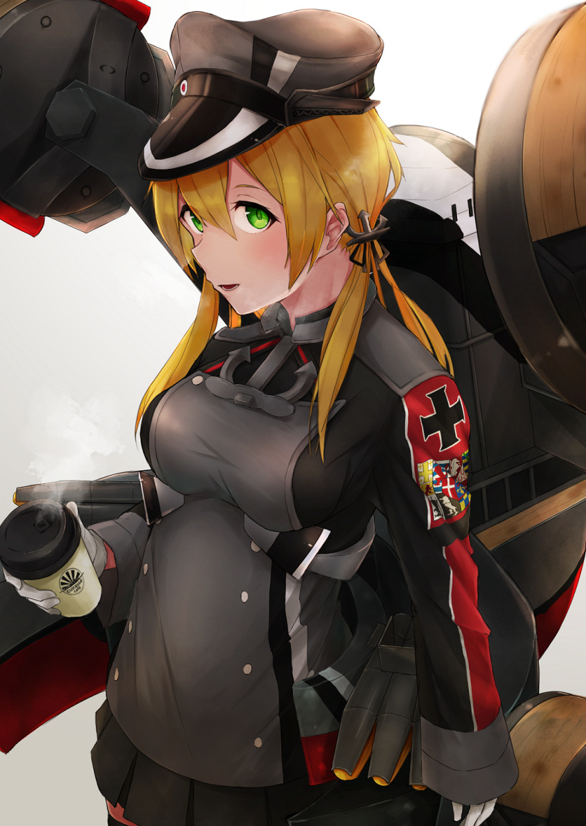 1girl :d anchor_hair_ornament black_skirt blonde_hair cup gloves green_eyes hair_ornament hat highres holding holding_cup kantai_collection kumanoko looking_at_viewer low_twintails machinery microskirt military military_hat military_uniform open_mouth peaked_cap pleated_skirt prinz_eugen_(kantai_collection) simple_background skirt smile solo turret twintails uniform white_background white_gloves