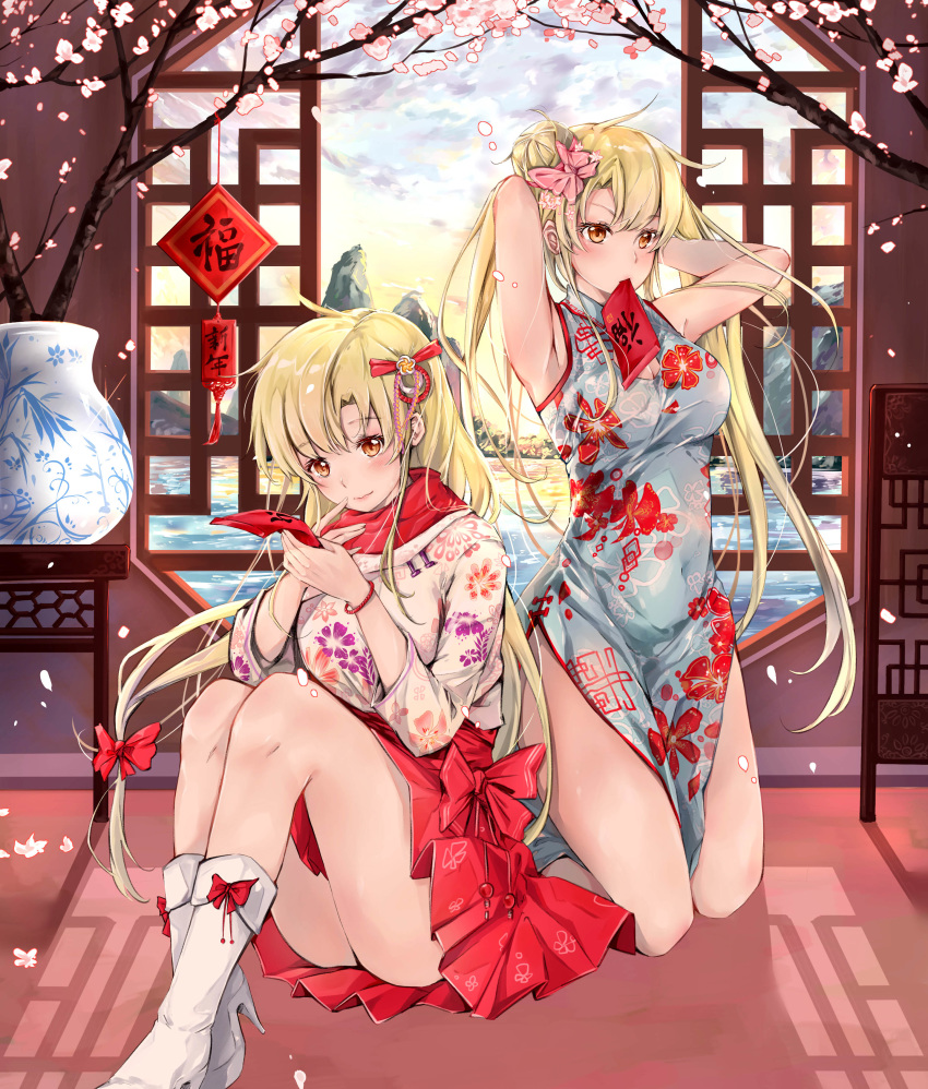 2girls absurdres adjusting_hair armpits arms_behind_head arms_up ass bare_arms bare_shoulders blonde_hair boots bow breasts cherry_blossoms china_dress chinese_clothes chinese_new_year cleavage cleavage_cutout closed_mouth cloud cloudy_sky commentary_request covered_navel day dress floral_print grey_dress hair_bow hair_bun hair_ribbon hands_up high_heel_boots high_heels highres hmw_(pixiv7054584) indoors kneeling knees_up langrisser long_hair long_sleeves looking_at_viewer medium_breasts mouth_hold multiple_girls orange_eyes pelvic_curtain petals pink_ribbon red_bow red_skirt ribbon side_slit sidelocks sitting skirt sky sleeveless sleeveless_dress smile thighs tree vase very_long_hair white_dress white_footwear