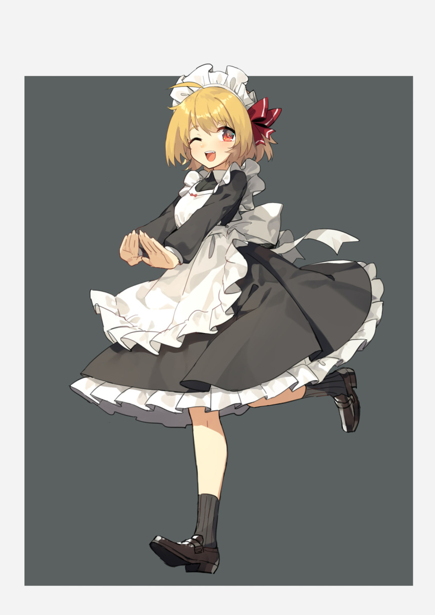 ;d ahoge alternate_costume apron bangs black_dress black_footwear blonde_hair border breasts commentary dress enmaided eyebrows_visible_through_hair frilled_apron frills full_body grey_background grey_border grey_legwear hair_ribbon highres long_sleeves looking_at_viewer maid maid_apron maid_headdress medium_breasts one_eye_closed open_mouth petticoat red_eyes red_ribbon ribbon rumia running sh_(562835932) shoes simple_background smile socks solo touhou white_apron wing_collar