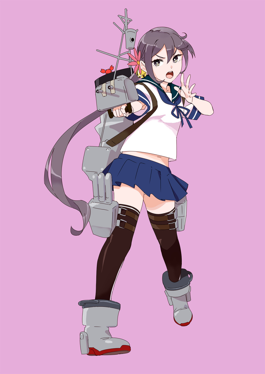 1girl adapted_turret akebono_(kantai_collection) bell black_legwear blue_skirt cannon flower full_body hair_bell hair_flower hair_ornament highres jingle_bell kantai_collection long_hair machinery ojipon open_mouth pleated_skirt pose purple_background purple_eyes purple_hair remodel_(kantai_collection) school_uniform serafuku short_sleeves side_ponytail simple_background skirt smokestack solo standing thighhighs turret upper_teeth very_long_hair