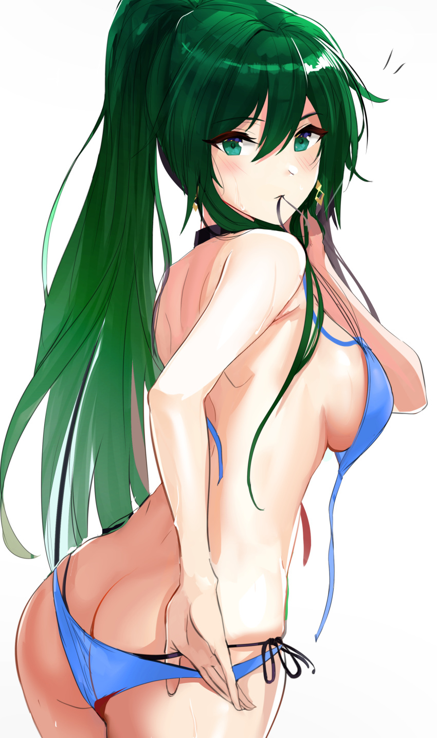 absurdres adjusting_clothes adjusting_swimsuit ass bangs bikini blue_bikini blush breasts butt_crack closed_mouth commentary_request earrings fire_emblem fire_emblem:_rekka_no_ken green_eyes green_hair hair_between_eyes high_ponytail highres hips idolmaster idolmaster_shiny_colors jewelry large_breasts long_hair looking_at_viewer lyndis_(fire_emblem) mouth_hold ormille ponytail shirase_sakuya side-tie_bikini sideboob simple_background skindentation solo swimsuit swimsuit_under_swimsuit thighs untied untied_bikini white_background