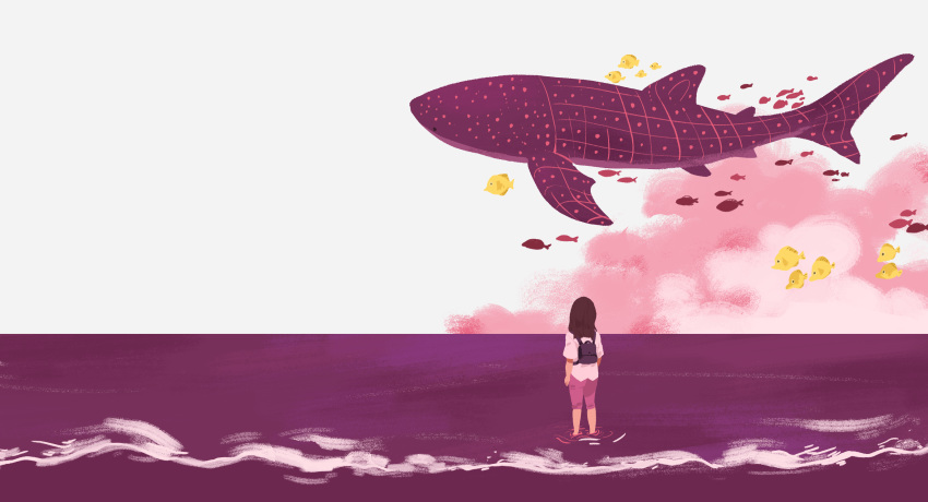 arm_at_side backpack bag black_hair cloud commentary day english_commentary fish from_behind highres limited_palette long_hair ocean original outdoors pink pink_shorts ripples shirt short_sleeves shorts sky solo sooyun_choi standing sunlight wading water waves whale whale_shark white_shirt white_sky