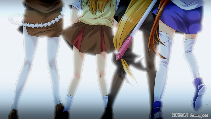 backlighting black_footwear black_legwear black_skirt blue_footwear blue_skirt brown_jacket brown_skirt cable commentary_request dated fate_testarossa from_behind head_out_of_frame highres jacket legs lyrical_nanoha mahou_shoujo_lyrical_nanoha_vivid miniskirt pantyhose pencil_skirt pleated_skirt san-pon shirt shoes side_slit skirt socks st._hilde_academy_of_magic_uniform standing standing_on_one_leg sweater sweater_vest takamachi_nanoha thighhighs tsab_air_military_uniform tsab_executive_military_uniform tsab_ground_military_uniform twitter_username vivio white_jacket white_legwear white_shirt yagami_hayate yellow_sweater