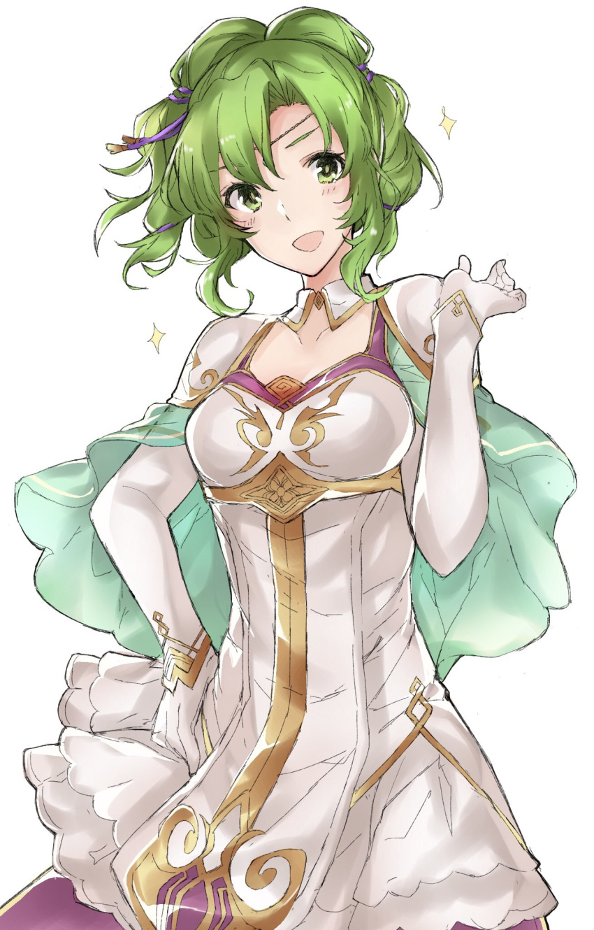 aiueo1234853 commentary_request dress fire_emblem fire_emblem:_seima_no_kouseki fire_emblem_heroes gloves green_eyes green_hair hand_on_hip highres l'arachel open_mouth shoulder_pads simple_background solo sparkle white_background white_dress white_gloves