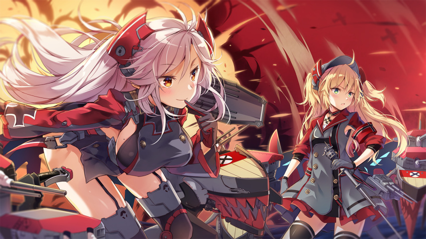 action admiral_hipper_(azur_lane) ahoge antenna_hair armband azur_lane bangs blonde_hair blush breasts brown_eyes cannon choker closed_mouth collarbone commentary_request day double-breasted explosion eyebrows_visible_through_hair finger_to_mouth floating_hair garter_straps gloves green_eyes hair_between_eyes hat headgear holding holding_scepter holding_weapon iron_cross jacket large_breasts leaning_forward long_hair looking_away machinery mole mole_on_breast multicolored_hair multiple_girls norwegian_flag nyanya open_mouth outdoors prinz_eugen_(azur_lane) red_hair ribbon rigging side_cutout sidelocks silver_hair smile streaked_hair thighhighs turret two_side_up very_long_hair water weapon wind wind_lift