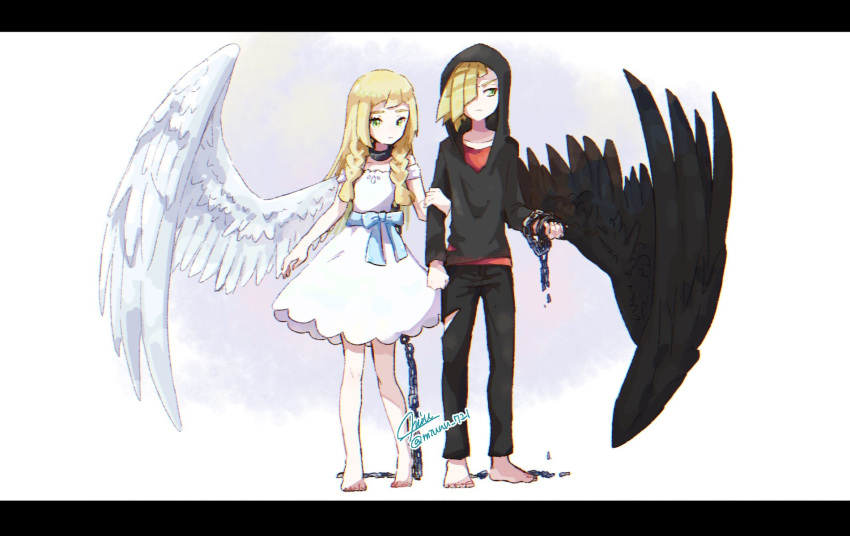 1girl alternate_costume angel_wings barefoot black_hoodie black_pants blonde_hair blue_bow bow braid brother_and_sister chain closed_mouth commentary_request contrast dress gladio_(pokemon) green_eyes hair_over_one_eye highres hood hood_up hoodie lillie_(pokemon) long_hair miu_(miuuu_721) pants pokemon pokemon_(game) pokemon_sm red_shirt shirt short_hair siblings side_braid signature simple_background standing torn_clothes torn_pants twin_braids twitter_username white_background white_dress wings