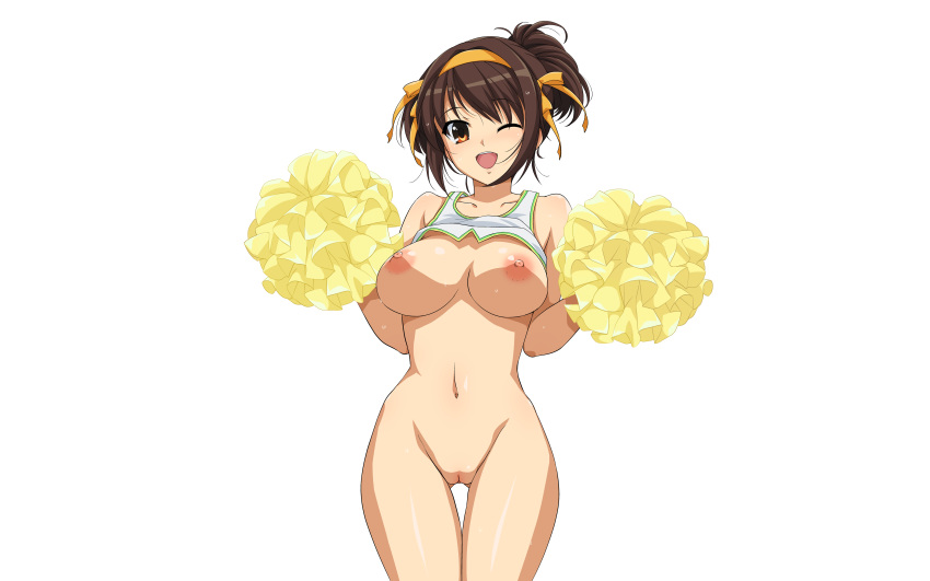 breasts brown_eyes brown_hair cheerleader haruhisky navel nipples no_bra photoshop pussy shirt_lift suzumiya_haruhi suzumiya_haruhi_no_yuutsu uncensored white